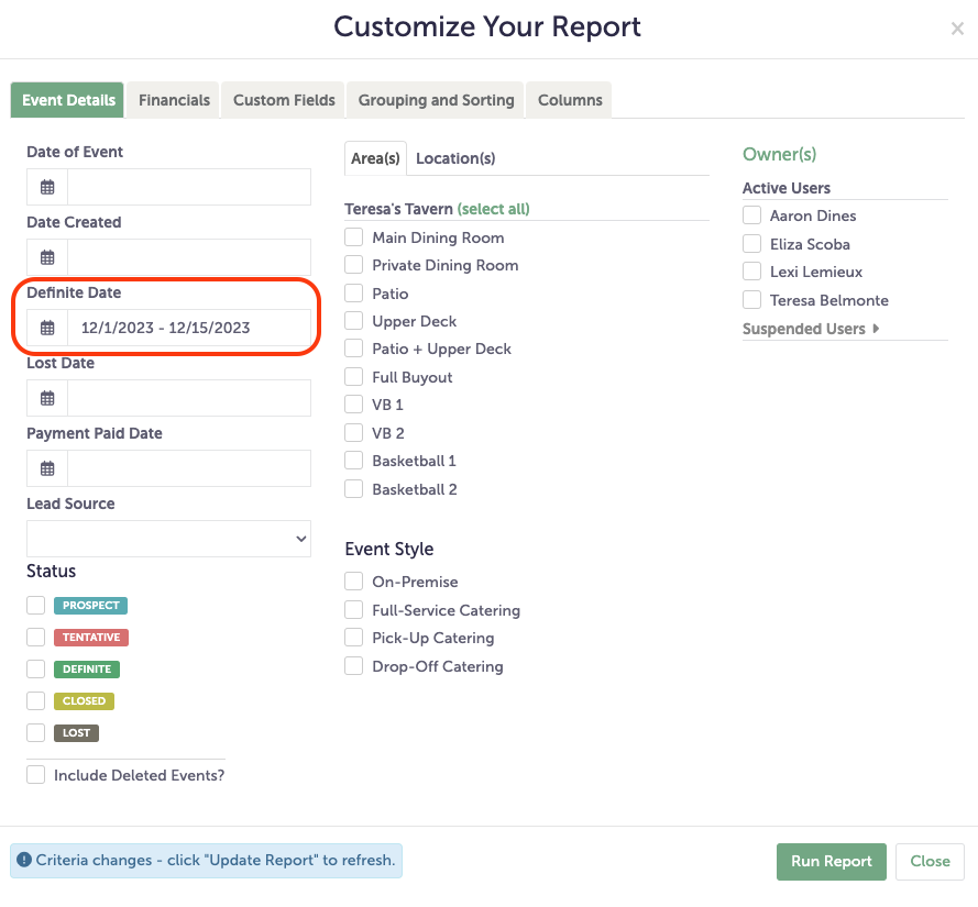 How to build a Definite Date Report – Tripleseat Support