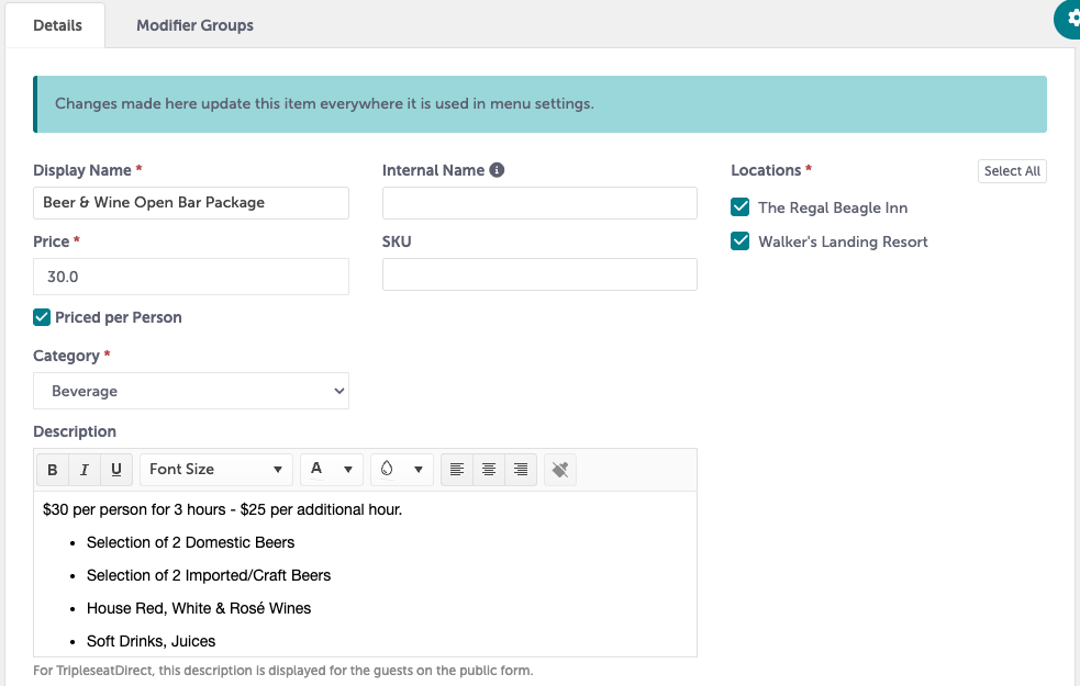 Bar Package Menu – Tripleseat Support